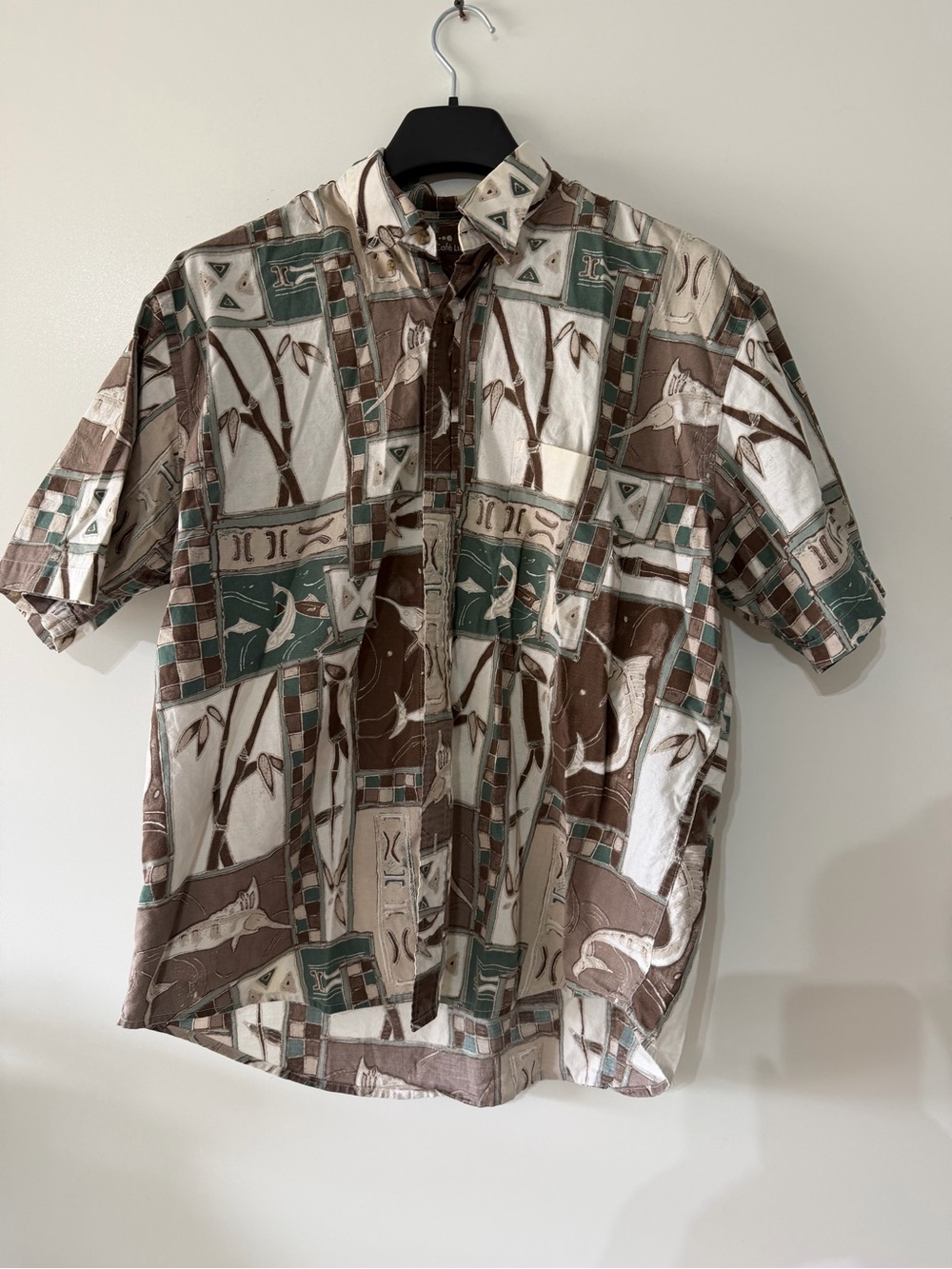 Men's Short-Sleeve Button-Down Shirt in Brown, Green & Cream Print